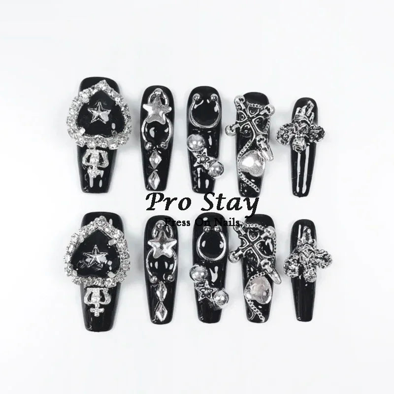 10pcs black Handmade Press On Nails With Purple Large Diamonds and Metal Decoration Y2k Hot Girls Wearable Artificial False Nail