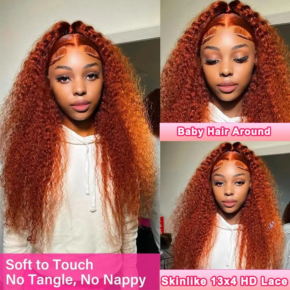 Curly Human Hair Wigs 200% Density #350 Ginger Deep Wave 13x6 HD Lace Frontal Human Hair Wigs Pre Plucked For Women Brazilian