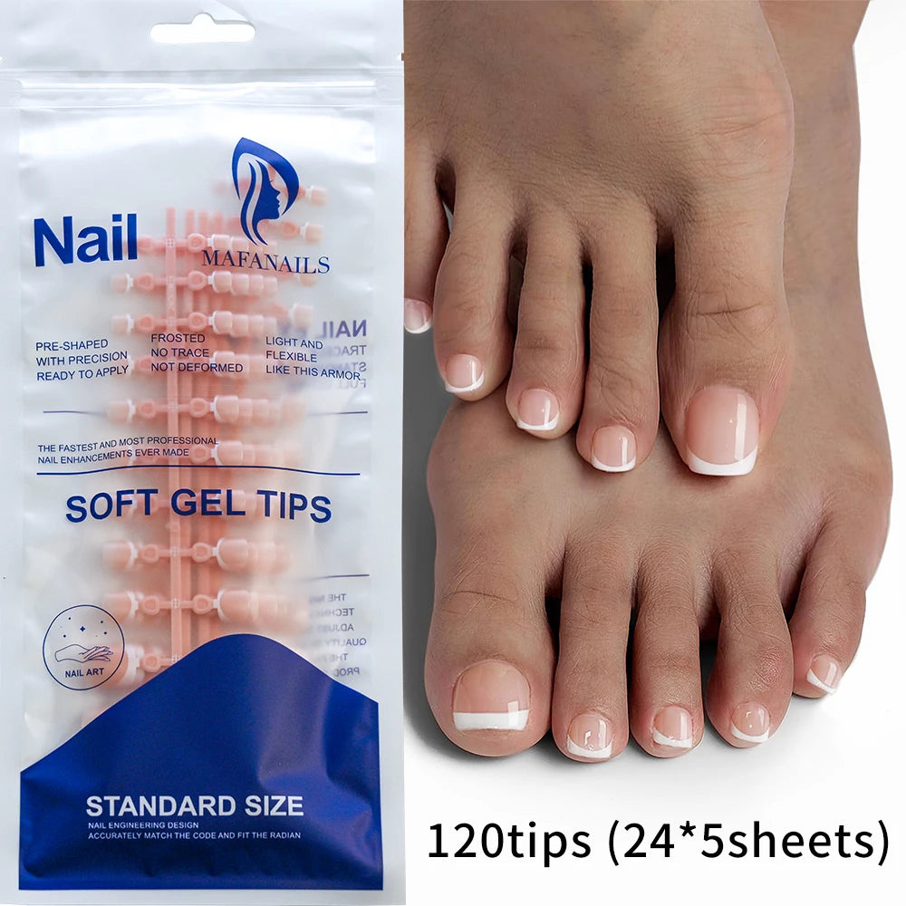 120Pcs Glossy Nude Pink French Press-On-Toenail Set 1*Box Short French Square  Fake Toe Nails Solid-Color Manicure Toenails Tips