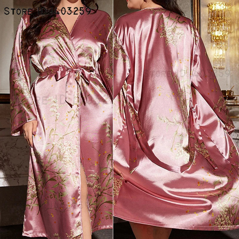 Plus Size 5XL Female Long Robe Sleepwear Spring Summer New Kimono Bathrobe Gown Loose Casual Silk Satin Home Dress Lounge Wear