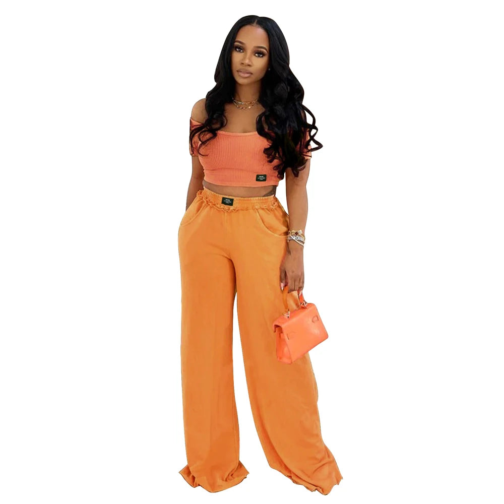 Fashion Women Clothing Distressed Tracksuits Casual Sexy U Neck Crop Top and Wide Leg Pants Suits Ladies Elegant 2 Two Piece Set