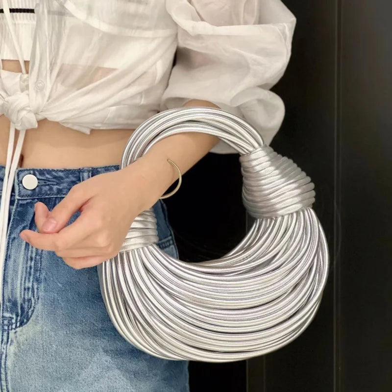 Handbags for Women 2025 New in Gold Luxury Designer Brand Handwoven Noodle Bags Rope Knotted Pulled Hobo Silver Evening Clutch