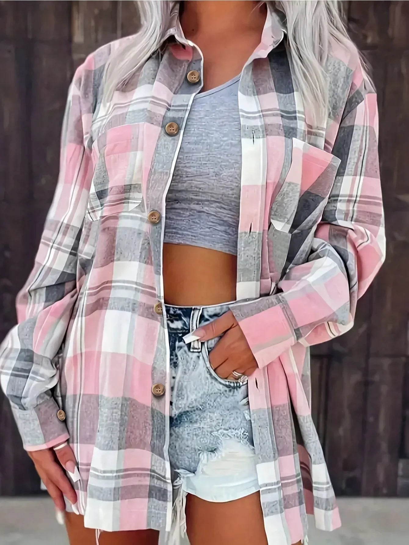 Plus Size Plaid Printed Long Sleeve Shirt