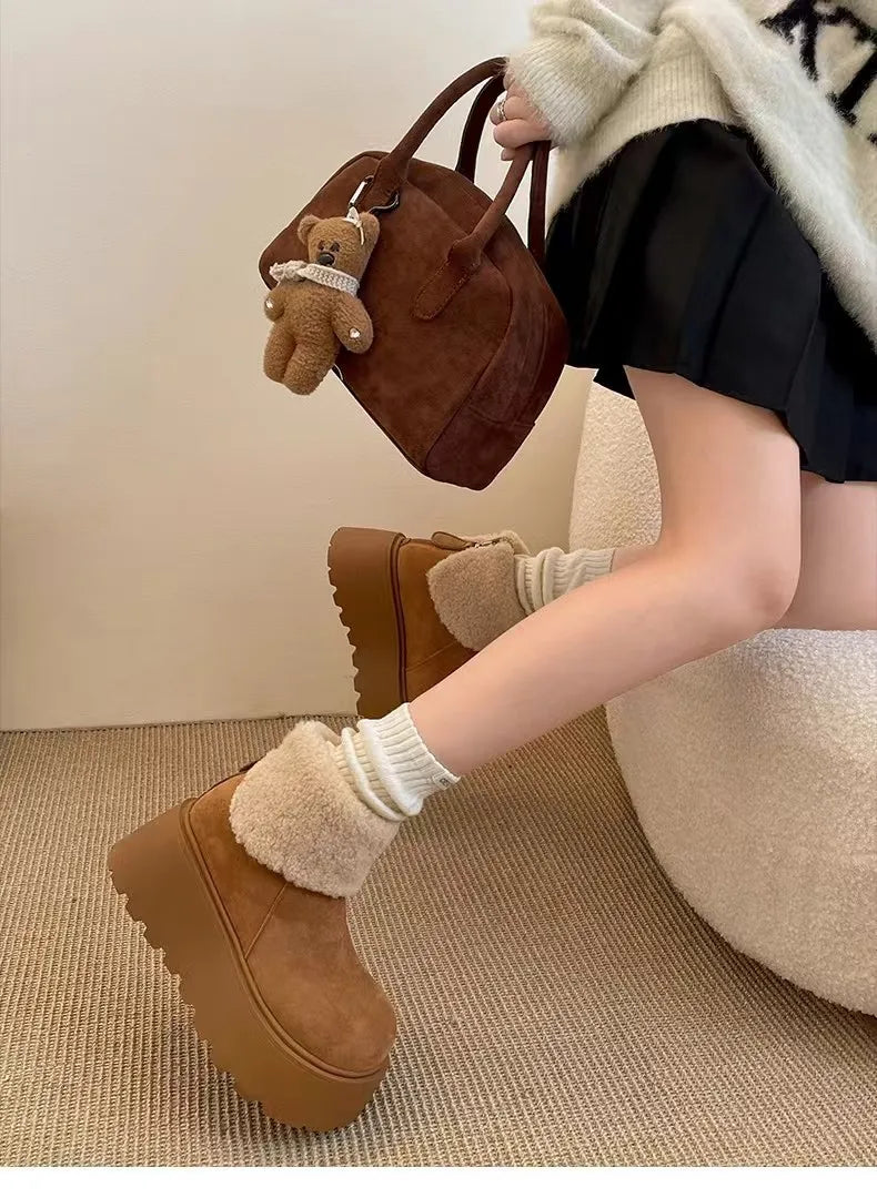 fashion new versatile fur thick soled short boots snow boots for women with added velvet and thick sponge bottom cotton shoes