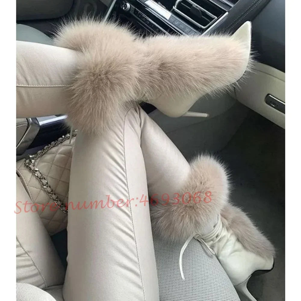 Fluff Pointy Women Ankle Boots Newest White Plush Fur High Stiletto Heel Lace-up Short Boots Female Luxury Slip On Fashion Shoes