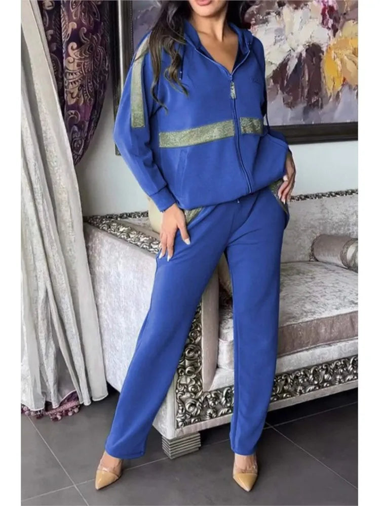 Autumn Winter Long Sleeved Hoodie Pants Women 2 Piece Set Fashion Patchwork Zipper Hoodie Casual Pocket Pants Sports Suit Female