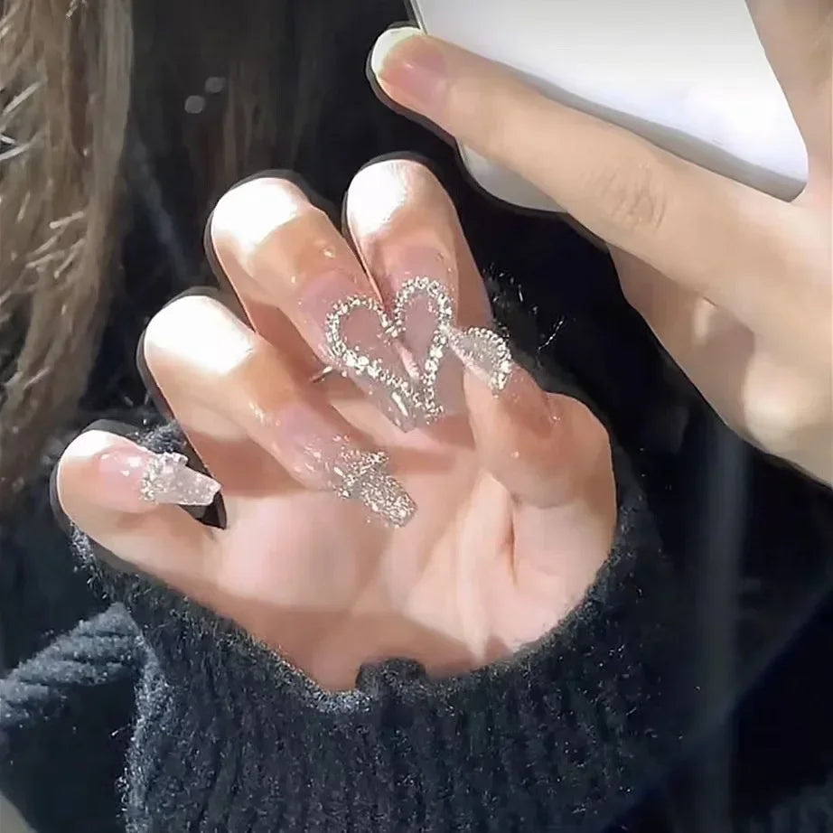 Pink Fake Nails Press on Nail Designs Art Long Tips False Forms with Glue Stick Stickers Reusable Set Acrylic Artificial