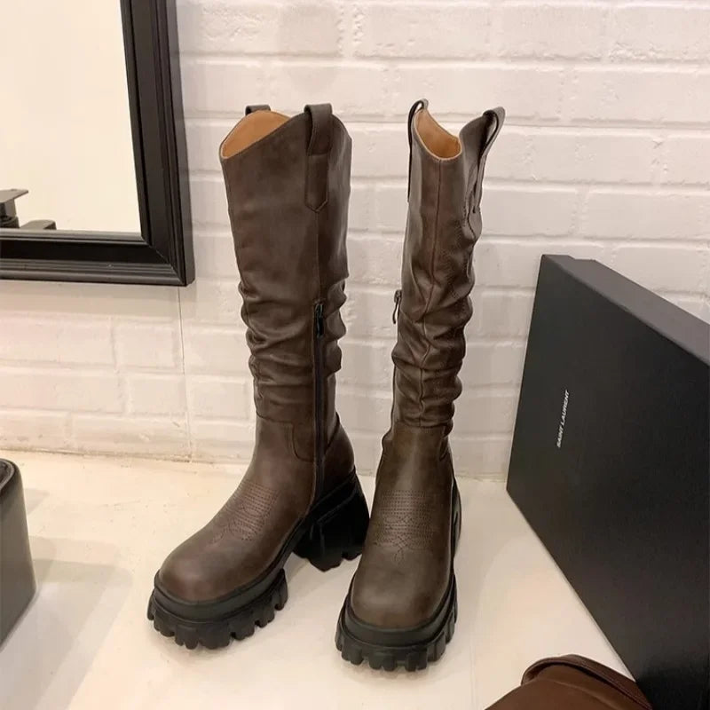 Big Round Toe Thick Heel Embroidered Pleated Knee High Boots Women Retro Autumn Winter Stacked Knight Boots Western Cowboy Boots