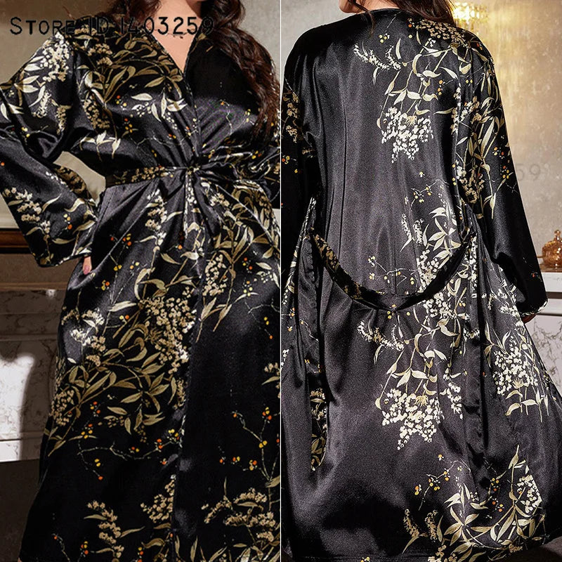 Plus Size 5XL Female Long Robe Sleepwear Spring Summer New Kimono Bathrobe Gown Loose Casual Silk Satin Home Dress Lounge Wear