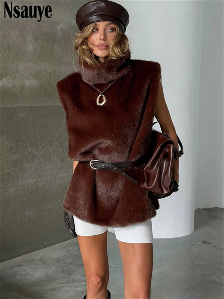 Nsauye 2025 Winter Women Fashion Warm Pullover Turtleneck Faux Fur Jackets Coat Outerwear Sleeveless Casual Y2K Vest Coat