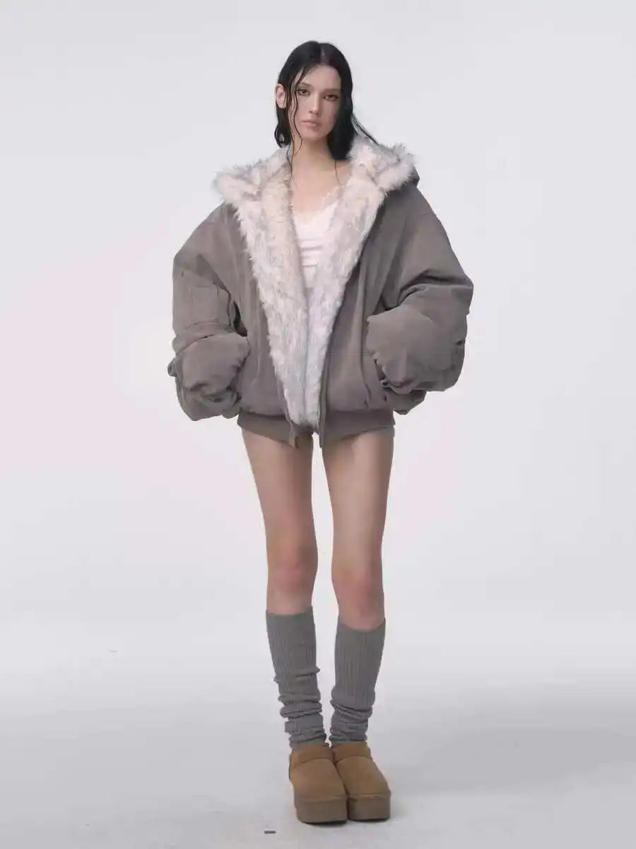 Winter American Retro Fur Coat Women Padded Hooded Cotton-Padded Jacket Plush Casual Street Gothic Harajuku Oversize Coat