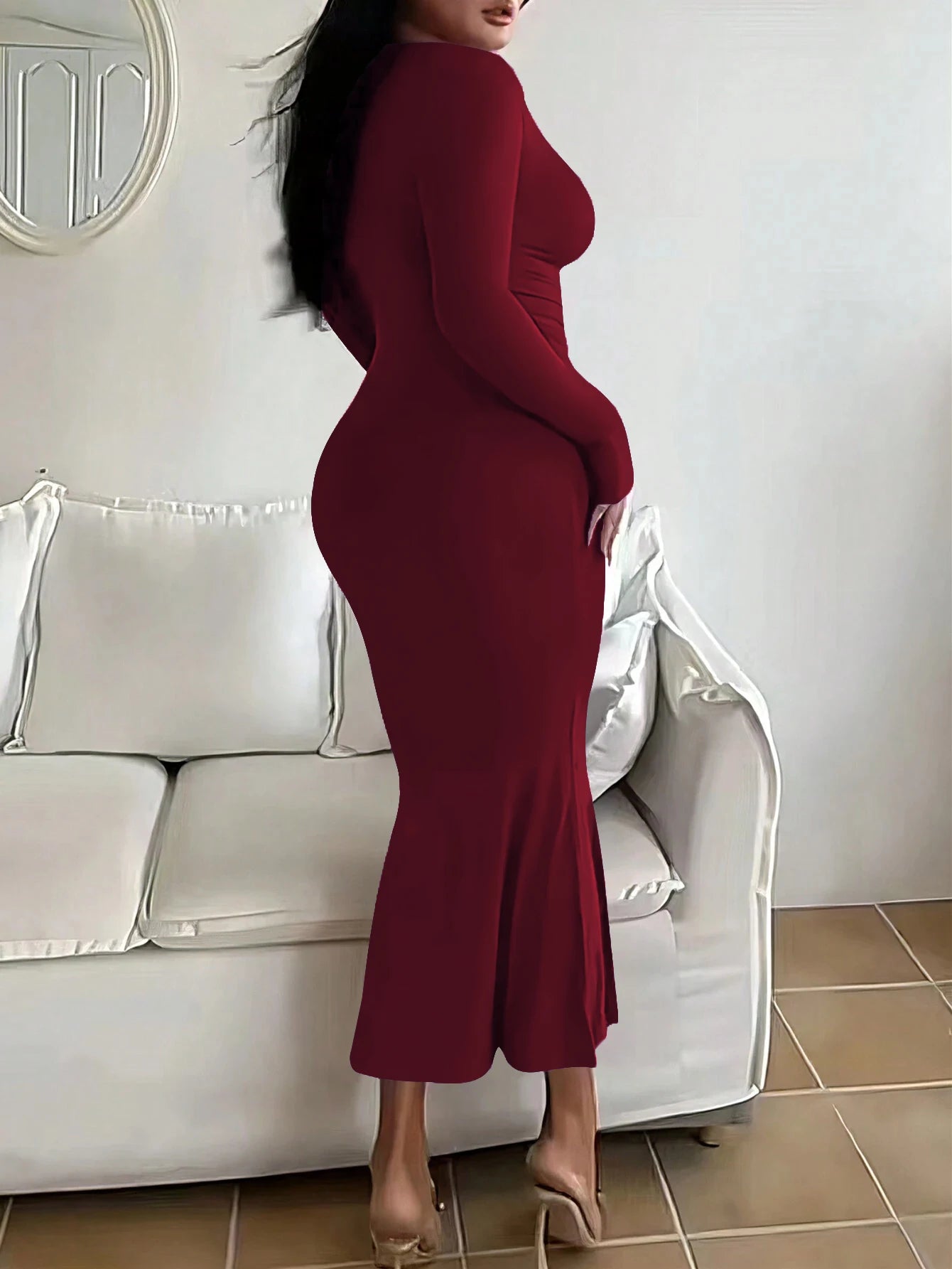 Plus Size Women's Long Slim Fit Dress with Square Neck Long Sleeves Extra Lengthy Tight Fitting Eveningwear