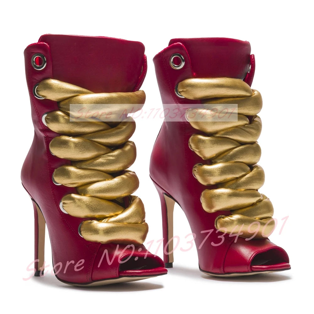 Gold Bold Rope Lace-up Peep Toe Ankle Boots Women High Heels Mixed Colors Boots Ladies Fashion Party & Nightclub Footwear
