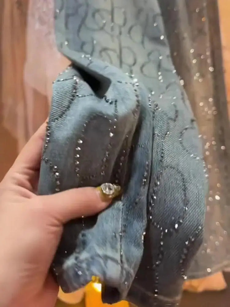 Blue Heavy Embellied Design Women's Jeans Loose Fit Straight Leg Wide Leg Pants Versatile Slimming Spring Summer New Arrival