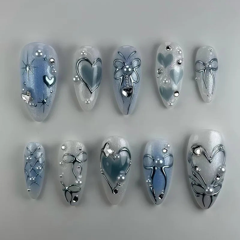 24Pcs Blue Almond Press on Nails with 3D Pearl Design Mid-length Oval False Nails Tips Bow Pattern Wearable Fake Nail for Women