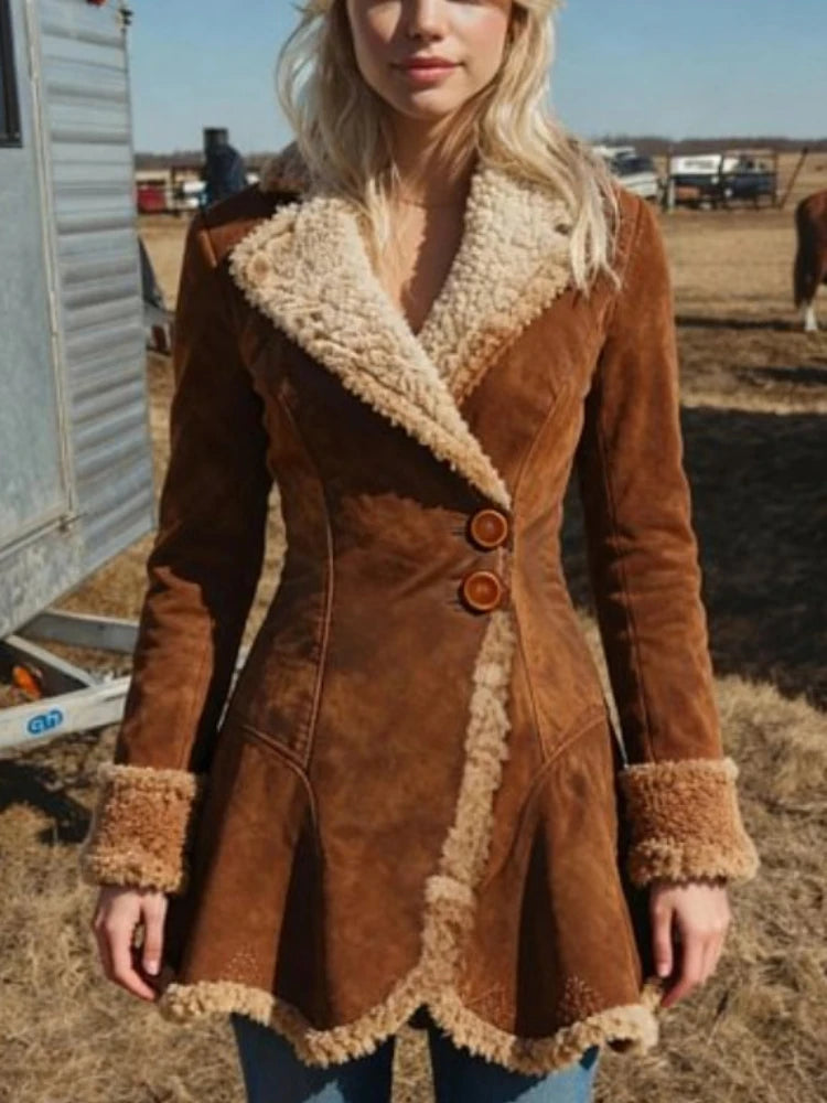Women's Suede Fur Collar Coat Western Plush Autumn And Winter Fashionable Warm Coat Outdoor Windproof Slim Fit Windbreaker