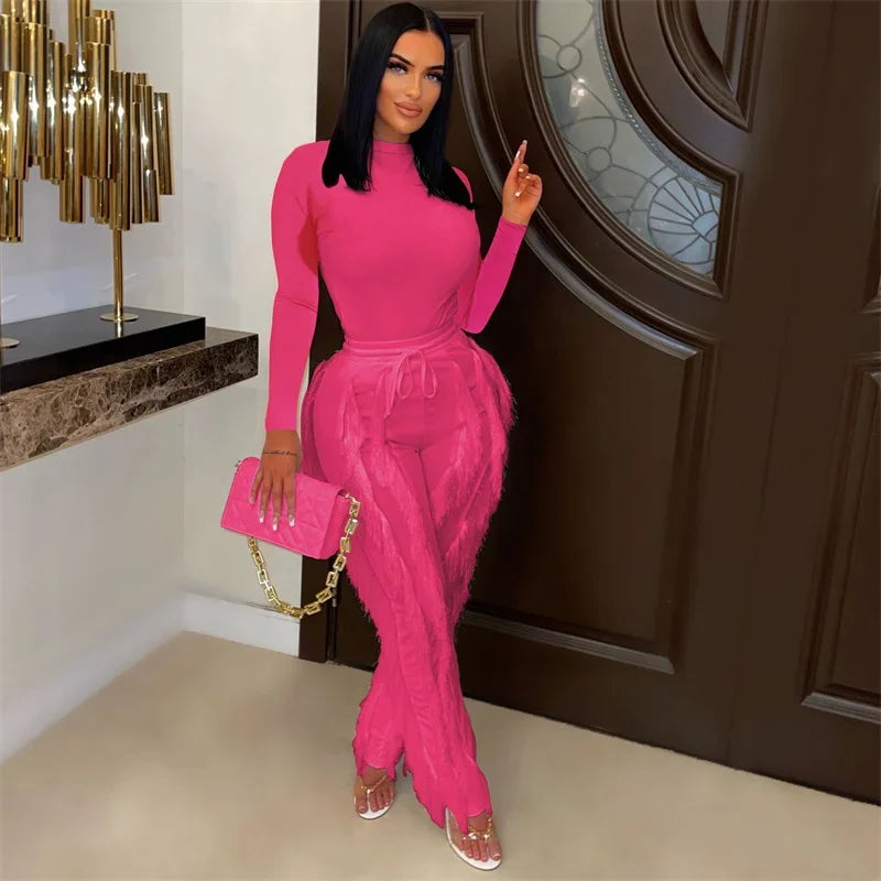 Elegant 2 Piece Sets Women Outfit 2024 Autumn Winter Long Sleeve Bodysuit Top and Tassel Pants Matching Sets Conjuntos Femininos