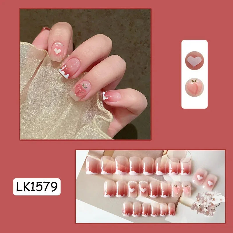 Pink Fake Nails Press on Nail Designs Art Long Tips False Forms with Glue Stick Stickers Reusable Set Acrylic Artificial
