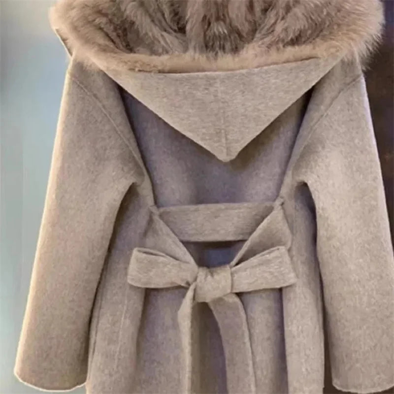 Pink Hooded Coat Women's Autumn Winter Belt Popular Woolen Coat 2024 Fur Coat Fragrant Wind High end Lightweight Short Fur Neck