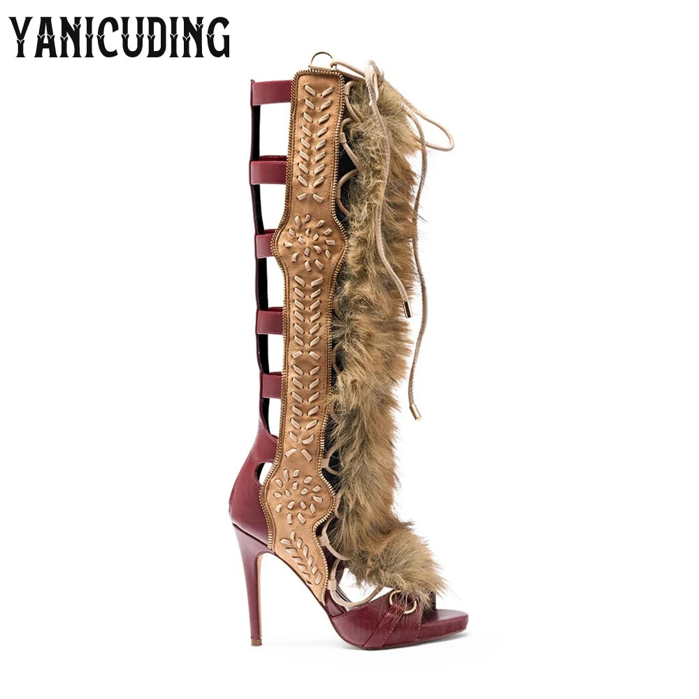 Stitch and Fur Sandal Knee High Boots Black Multi Gladiator Sandals Luxurious Style Genuine Fur Lace-Up Summer Boots for Women