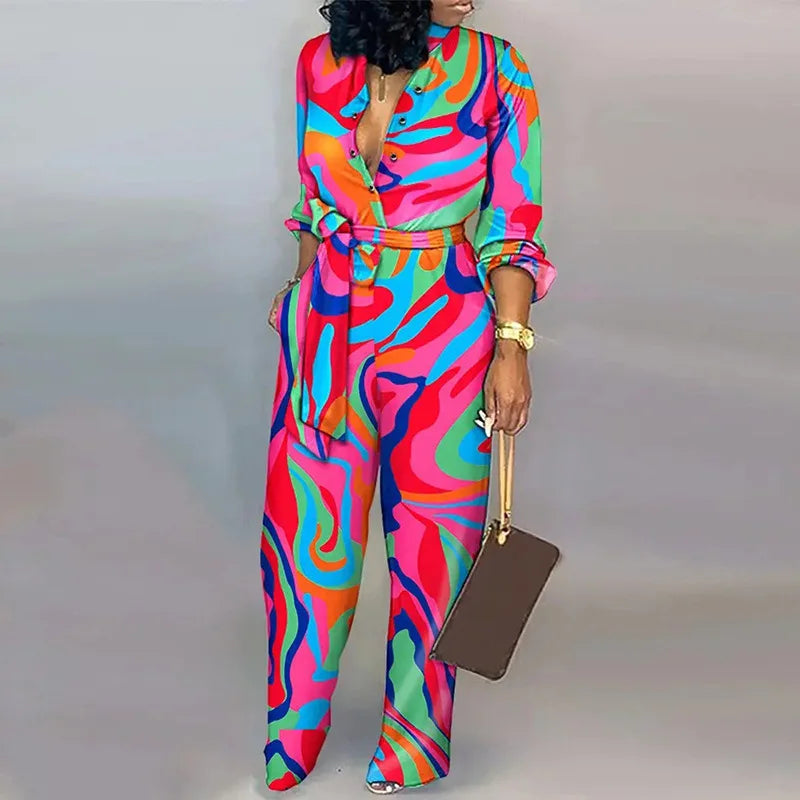 Vintage Button-Up Lace-Up Long Sleeve Jumpsuit