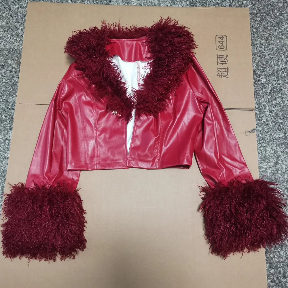 Autumn Winter PU Leather Cropped Jacket with Faux Fur Collar Women Casual Long Sleeve Buckle Coats New Fashion Female Streetwear