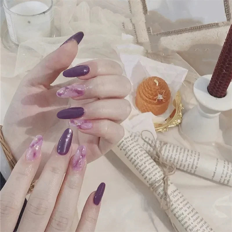 24pcs French Lemon Full Cover Artificial Fake Nails Art Seamless Removable Coffin False Nails With Glue Girls Press On Nail Tips