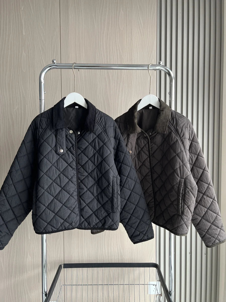 Women's Quilted Jacket with Padded Lining Model ETJ 2025 - Casual and Simple Diamond Quilted Short Puffer Jacket with Collar