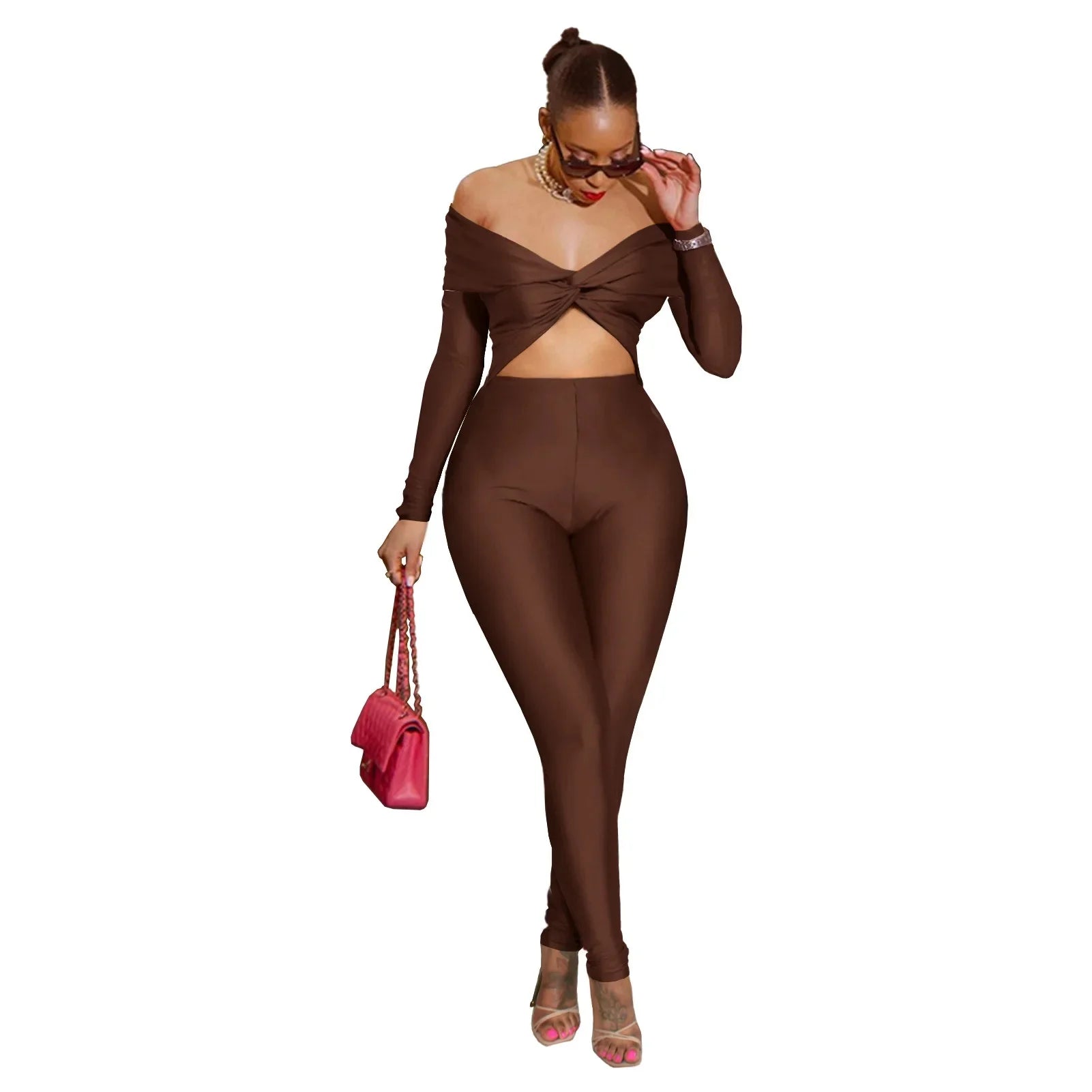 Sexy High-Waist Long-Sleeve One-Piece Suit GL6755 Hollow out Collar Knot Design Cross-Border Women's Fashion Crop Top Bottoms