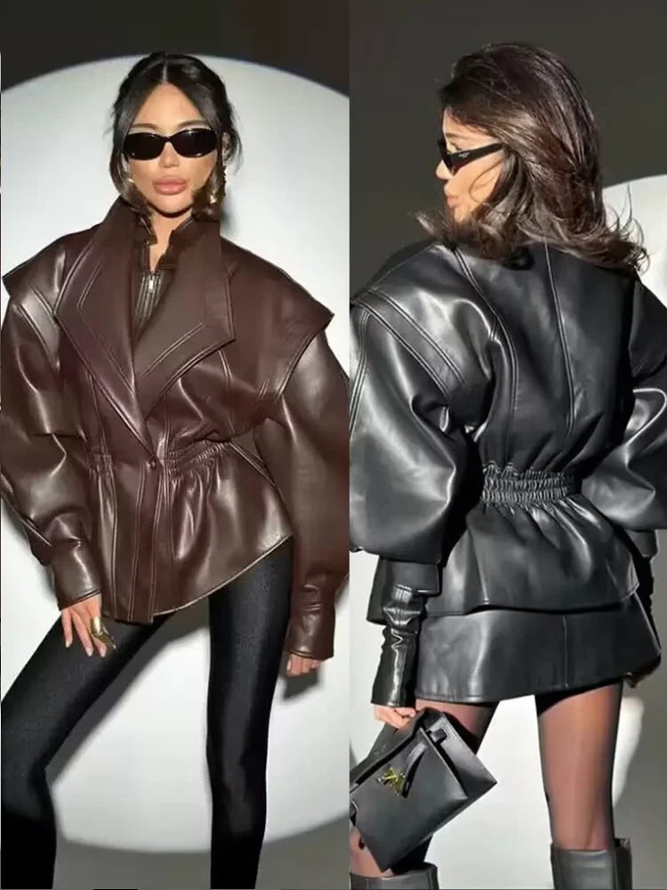 Women PU Leather Solid Jacket Coat Full Sleeve Stand Collar Female Slim Jacket 2025 Autumn Winter Vintage 2 In 1 Lady Outwear