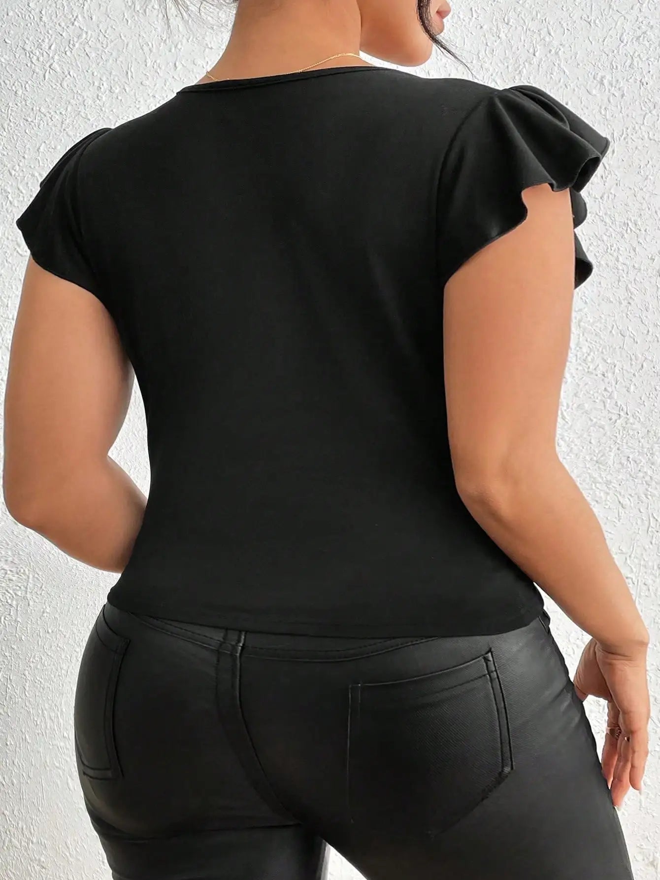 Plus Size V-Neck Patchwork Ruffle Sleeve Tee