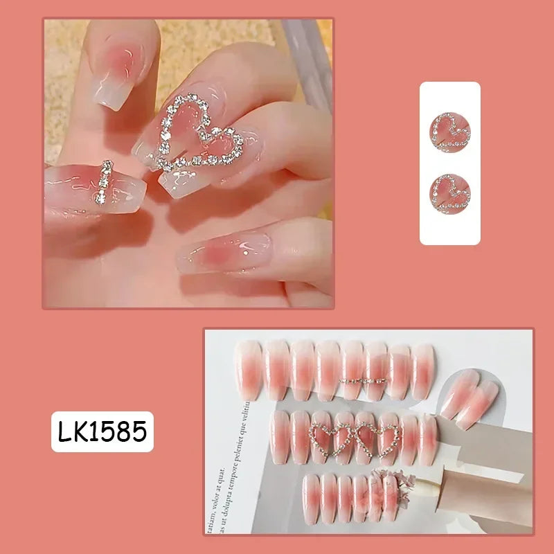 Pink Fake Nails Press on Nail Designs Art Long Tips False Forms with Glue Stick Stickers Reusable Set Acrylic Artificial