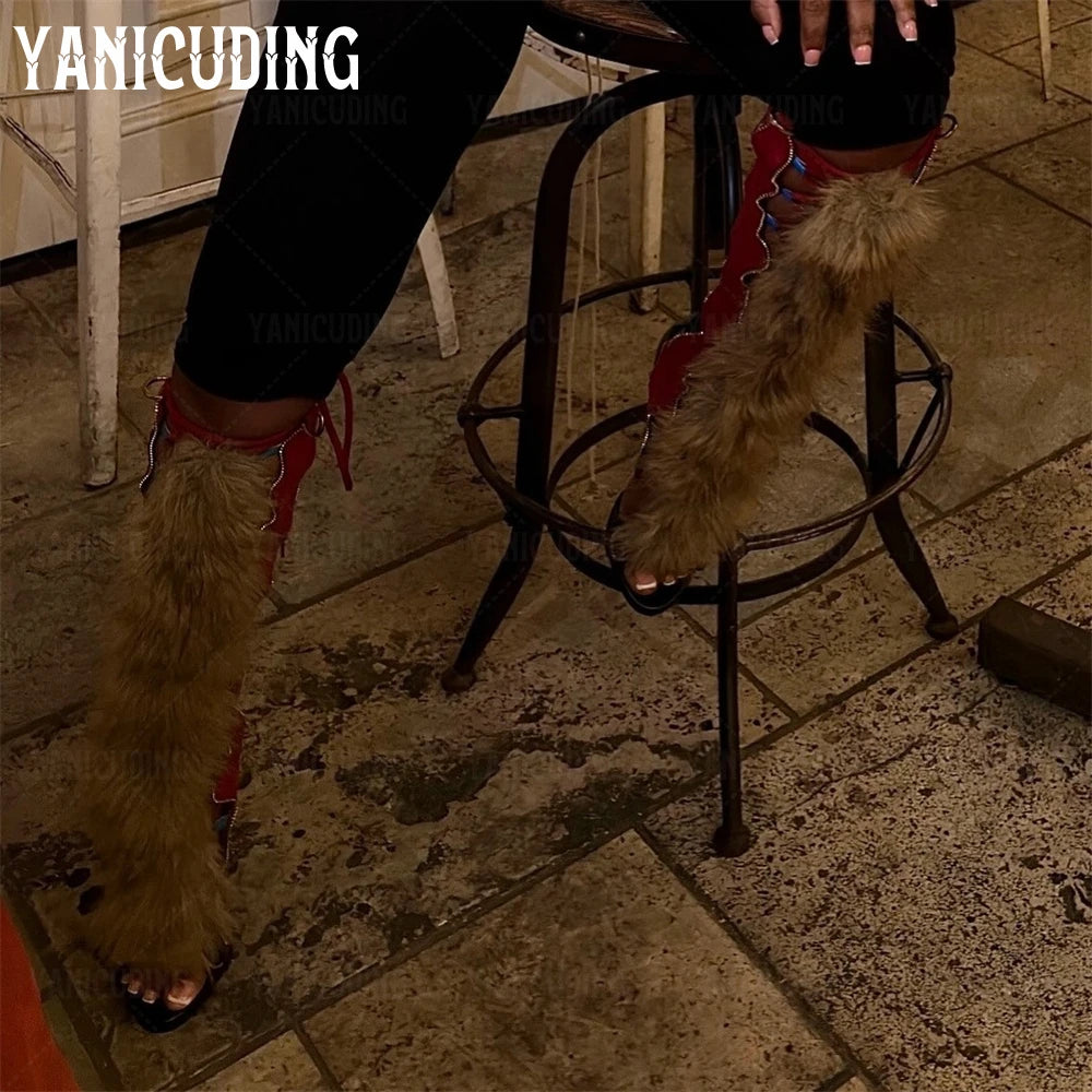 Stitch and Fur Sandal Knee High Boots Black Multi Gladiator Sandals Luxurious Style Genuine Fur Lace-Up Summer Boots for Women