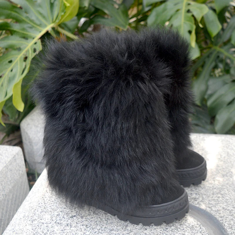 Fashion Black White Real Fox Fur Snow Boots 10cm Inner Wedge Increased Thick Sole Mid Boots Winter Full Fur Boots Woman Booties