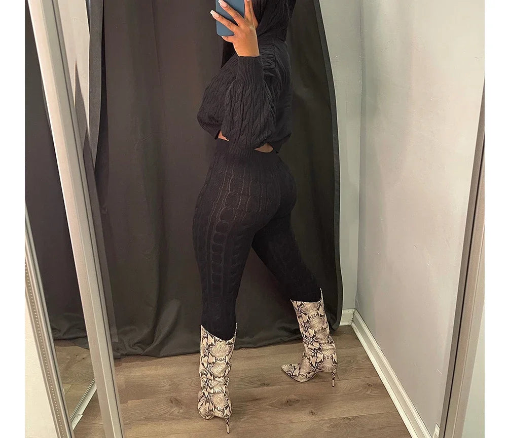 2 Piece Sets Womens Outfits Fashion Long Sleeve Cable Knit Hooded Sweater & Pants Suit Streetwear 2024 Autumn Winter Casual New