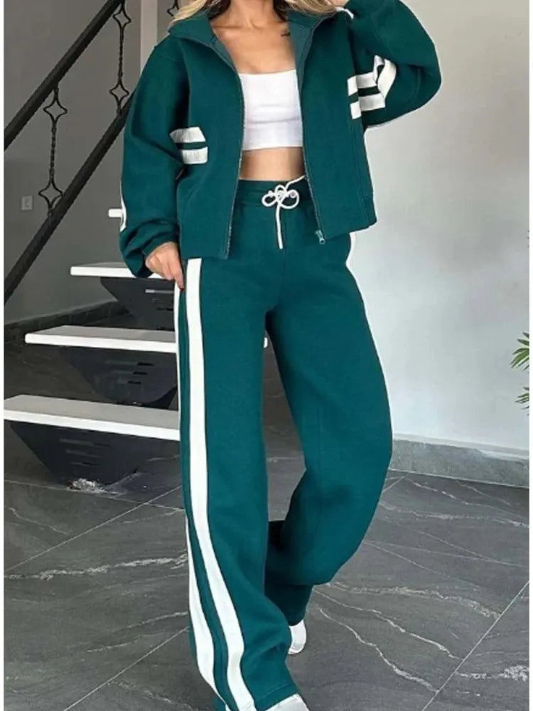 Fashion Striped Hoodie Set For Women Casual Long Sleeve Zip Tops+High Waist Wide Leg Pants 2 Piece Sets Lady Y2k Sports Clothes