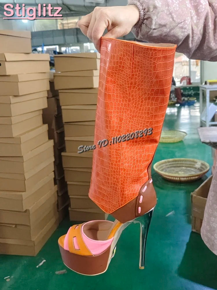 Sexy Polka Dots Knee-high Sandals Patchwork Leather Peep Toe Metal Heel Summer Boots 2026 Summer New Fashion Stiletto Women Shoe