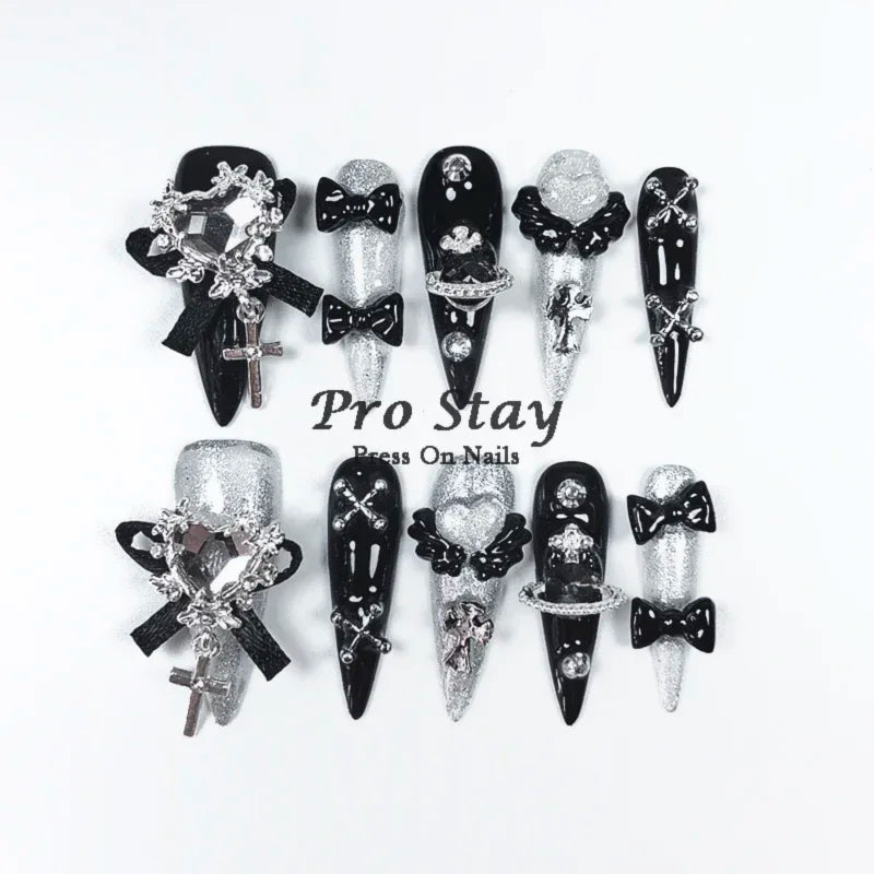 10pcs black Handmade Press On Nails With Purple Large Diamonds and Metal Decoration Y2k Hot Girls Wearable Artificial False Nail