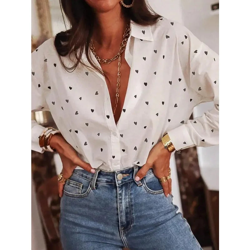 Plus Size Polka Dot Lapel Long Sleeve Blouse