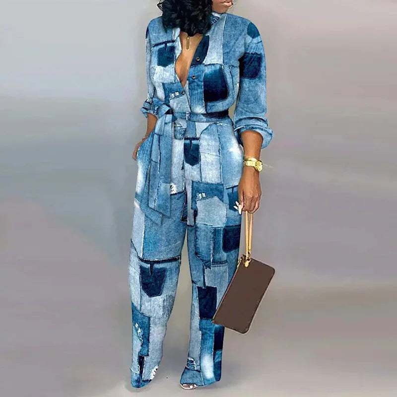 Vintage Button-Up Lace-Up Long Sleeve Jumpsuit