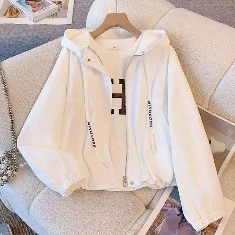 Hooded Jacket Women's Spring Autumn 2025 New Short Long sleeved Coat Female Workwear Loose Casual Versatile Zipper Jackets Top
