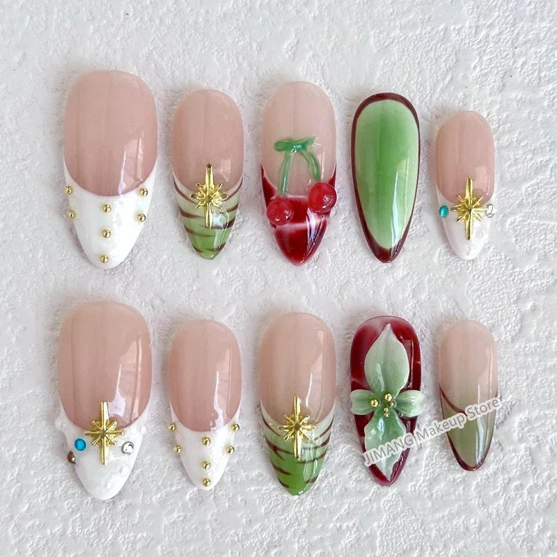 Handmade 3D Flower Press On Nails Reusable Short  Almond False Nails Artificial Fake Nail With Glue Gift Full Cover Nail Tips