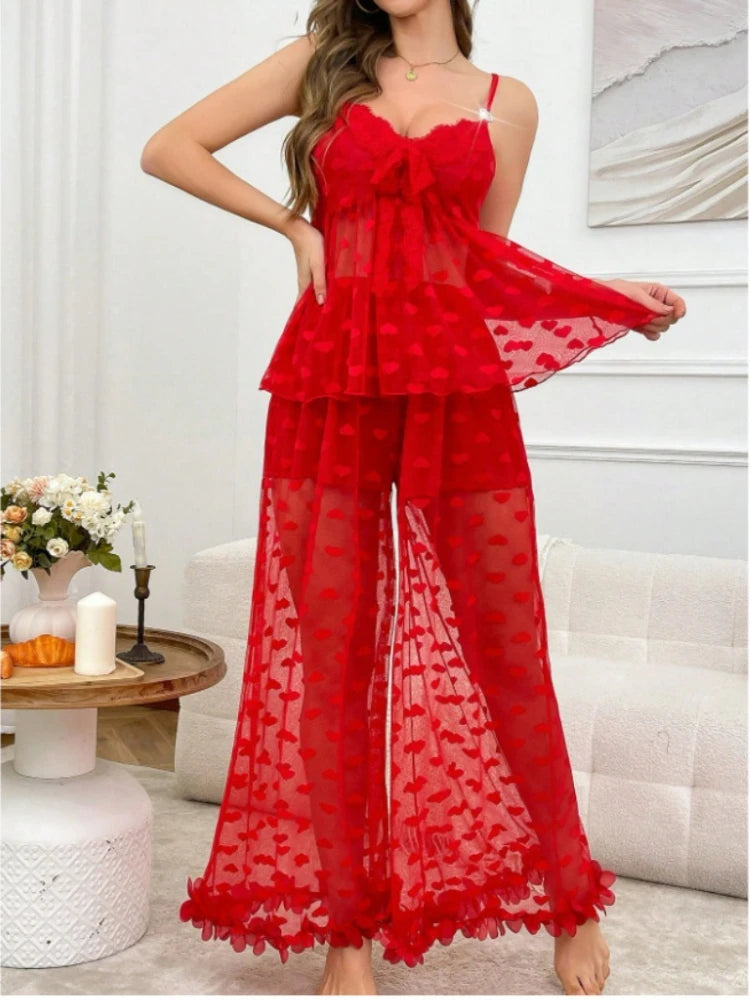 Sexy Ladies Pajama Set 2-piece   Lace Heart Transparent Strappy Bra and Long Pants   Petal Lace Lingerie Set   Sexy Sleepwear