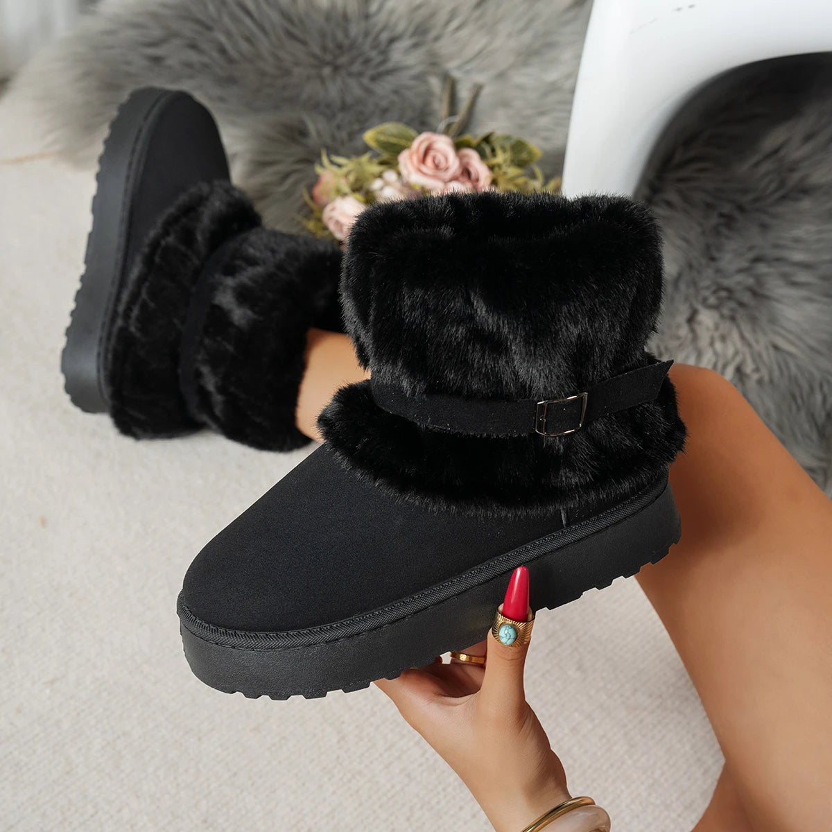 Women Thick Sole Faux Fur Snow Boots Winter Warm Thick Plush Cotton Shoes Woman Comfortanle Non Slip Platform Ankle Botas Mujer