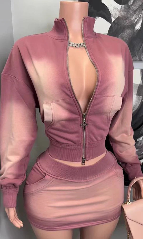 Fashion Washed Hoodie Set Women Outfit Casual Pocket Long Sleeve Zip up Crop Top Mini Skirt Suit Streetwear Fall 2 Piece Sets