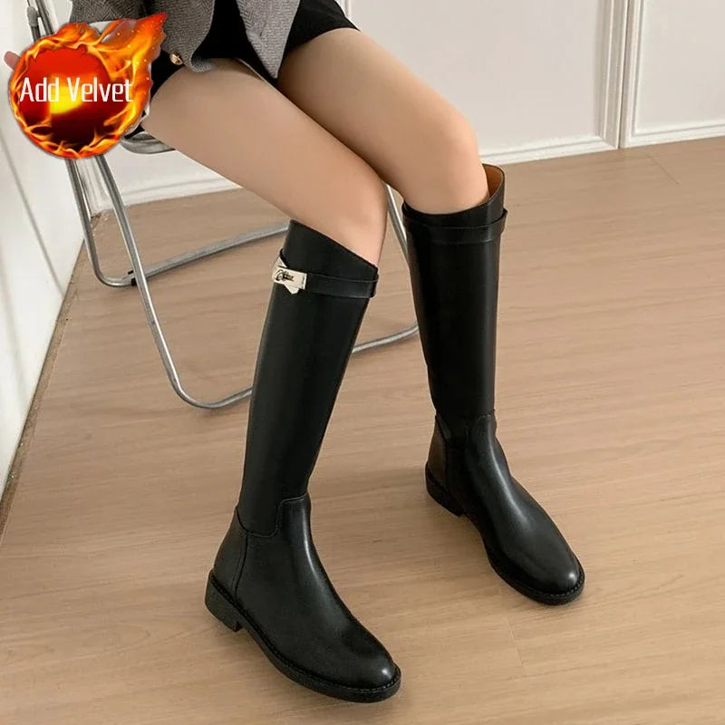 Black Leather Elegant with Low Heels Ladies Knee High Shaft Shoes Trend 2025 New in Comfortable Hot Rock Y2k Women's Long Boots