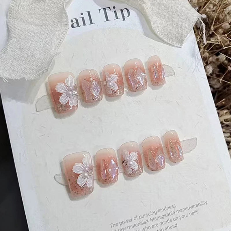 10pcs/Set Handmade Press on Nails Pink Flower Sweet Style Short Square Head Glossy Finish Nail For Women DIY Manicure Nail Tips