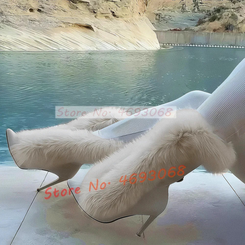 Fluff Pointy Women Ankle Boots Newest White Plush Fur High Stiletto Heel Lace-up Short Boots Female Luxury Slip On Fashion Shoes