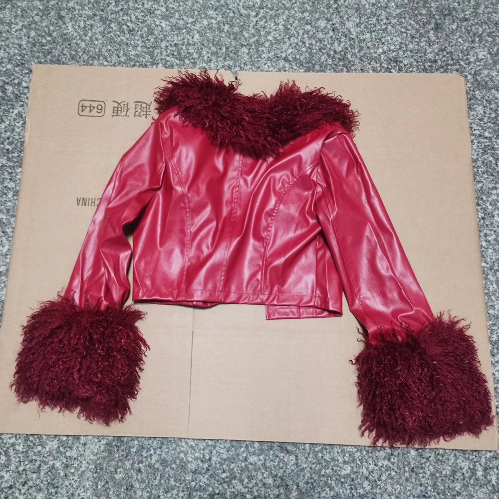 Autumn Winter PU Leather Cropped Jacket with Faux Fur Collar Women Casual Long Sleeve Buckle Coats New Fashion Female Streetwear
