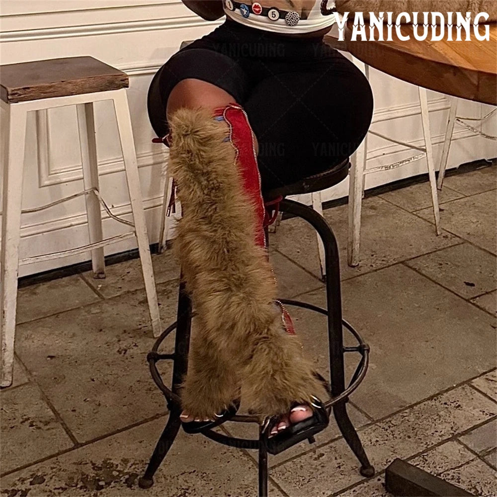 Stitch and Fur Sandal Knee High Boots Black Multi Gladiator Sandals Luxurious Style Genuine Fur Lace-Up Summer Boots for Women